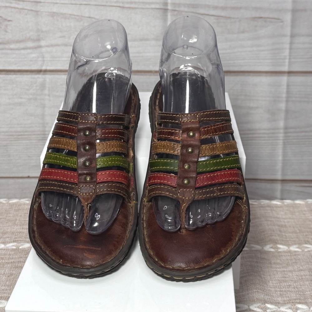 Born Leather Multi Color Strap Slide Sandals Brown Red Green W91845 Womens 6